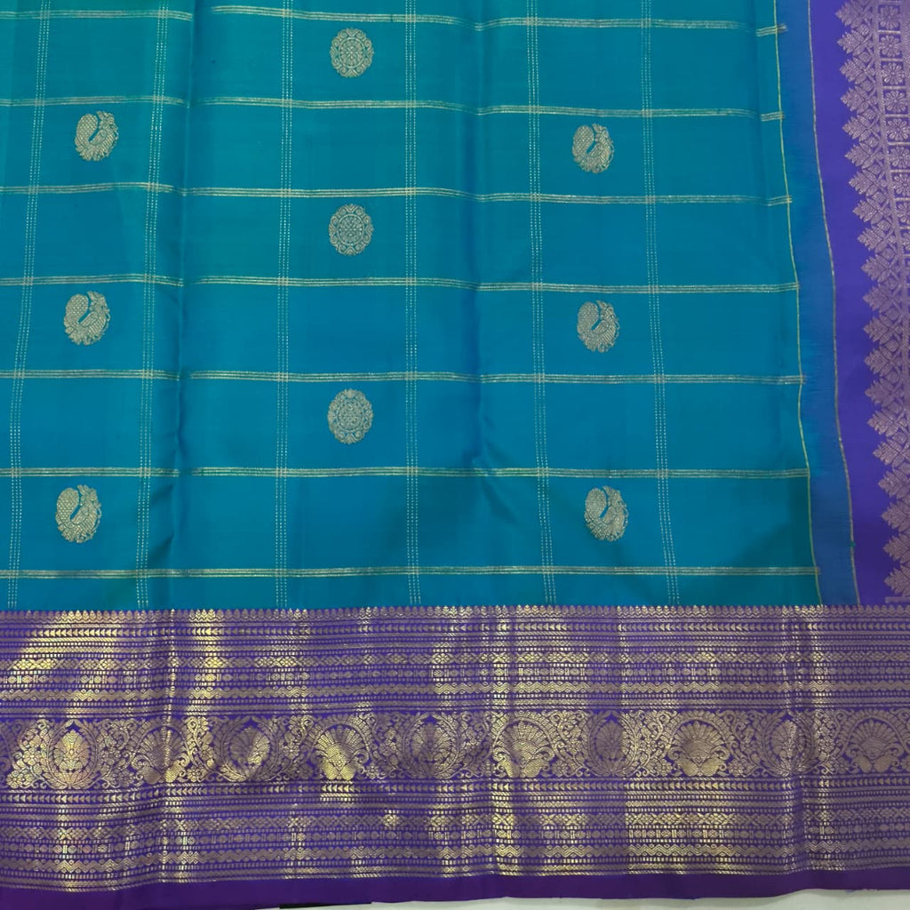 Pure Kanchipuram Silk Saree – Peacock Blue and Purple, Checks
