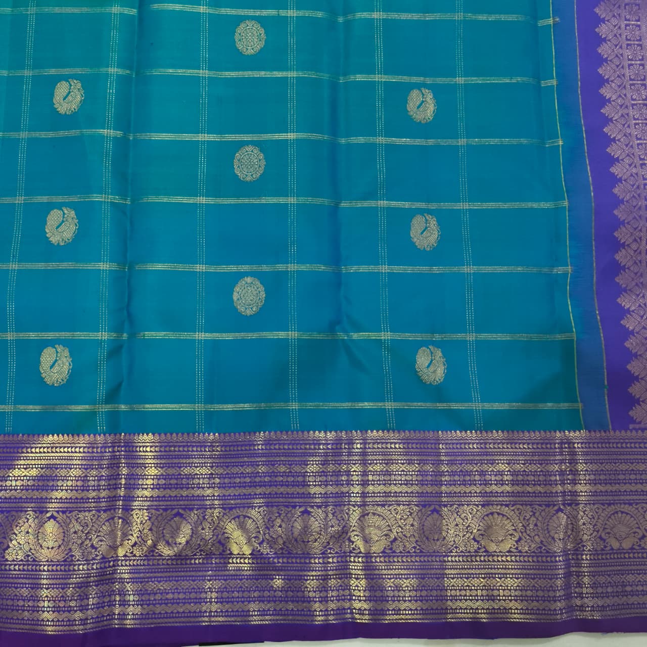 Pure Kanchipuram Silk Saree – Peacock Blue and Purple, Checks