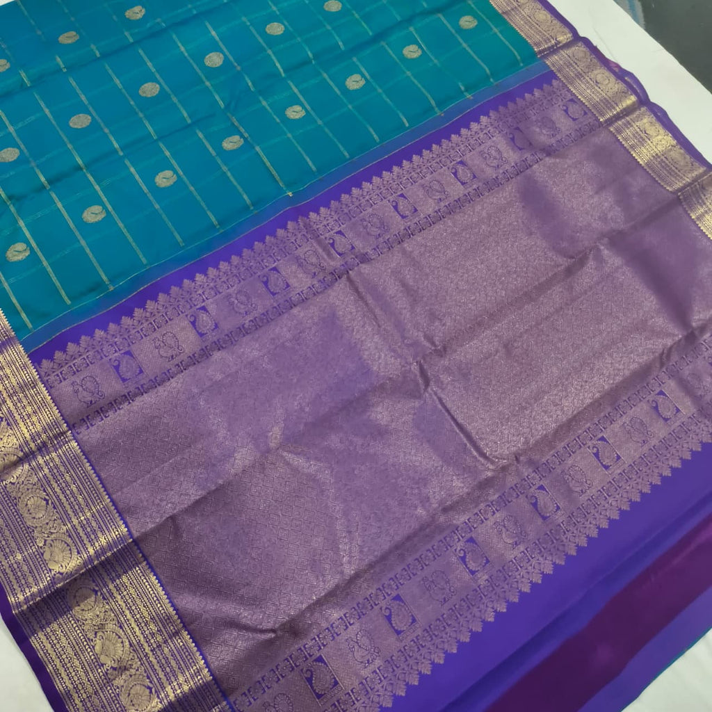 Pure Kanchipuram Silk Saree – Peacock Blue and Purple, Checks