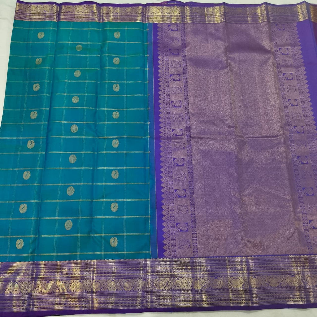 Pure Kanchipuram Silk Saree – Peacock Blue and Purple, Checks