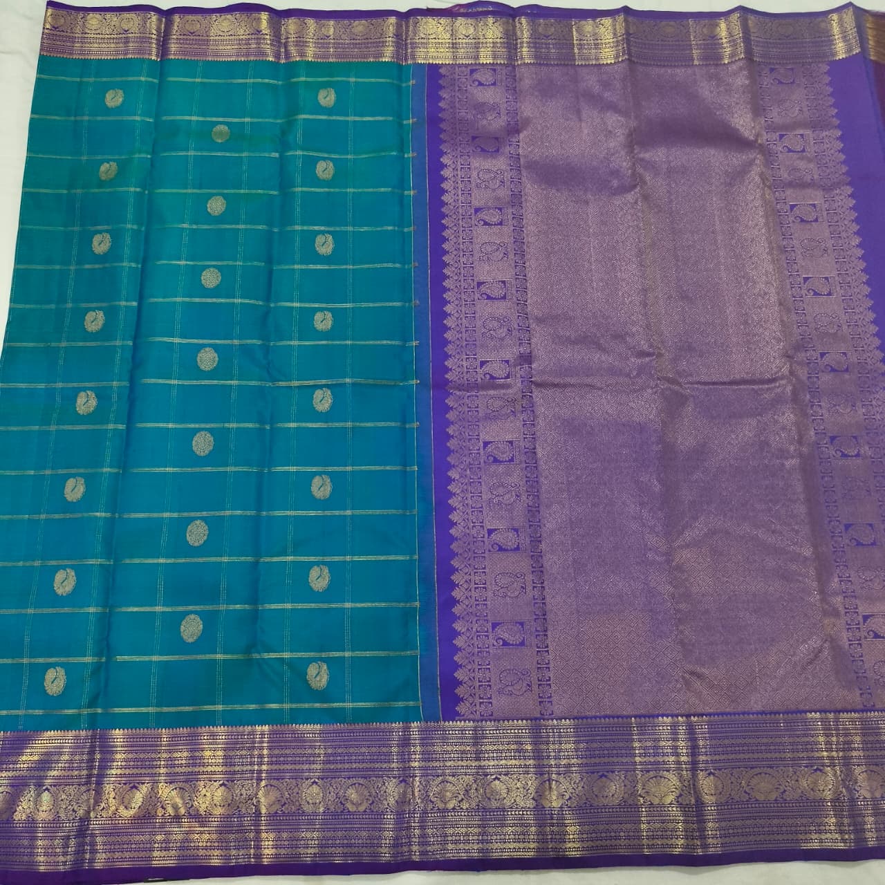 Pure Kanchipuram Silk Saree – Peacock Blue and Purple, Checks
