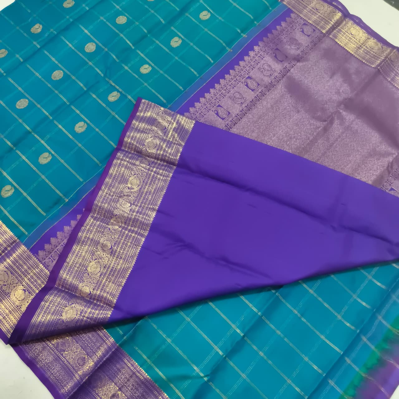 Pure Kanchipuram Silk Saree – Peacock Blue and Purple, Checks