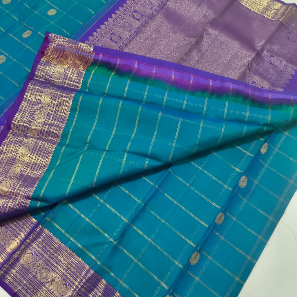 Pure Kanchipuram Silk Saree – Peacock Blue and Purple, Checks