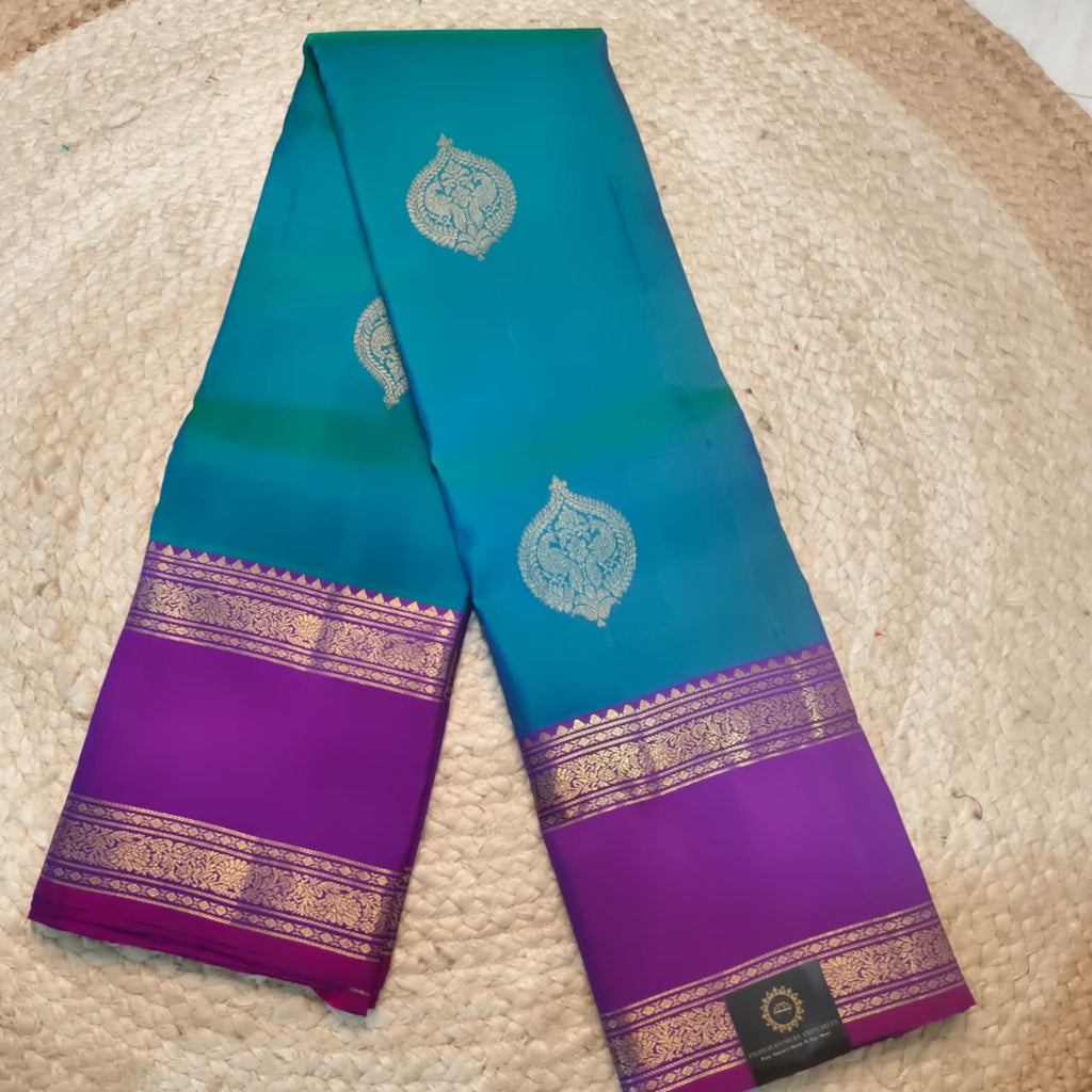 Pure Kanchipuram Silk Saree – Peacock Blue and Magenta Pink
