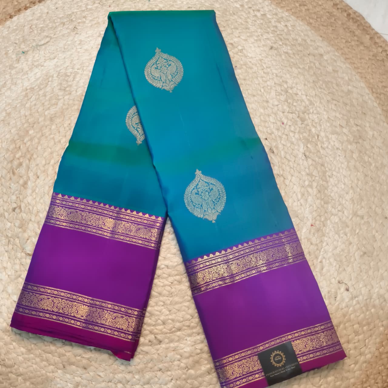 Pure Kanchipuram Silk Saree – Peacock Blue and Magenta Pink