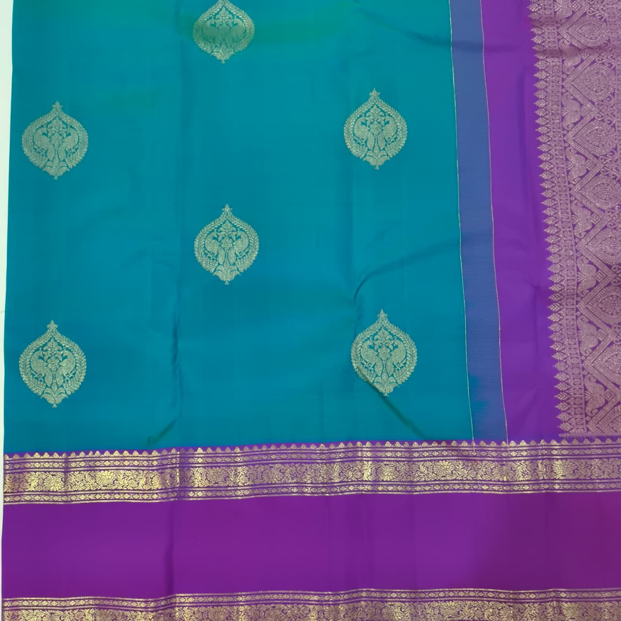 Pure Kanchipuram Silk Saree – Peacock Blue and Magenta Pink