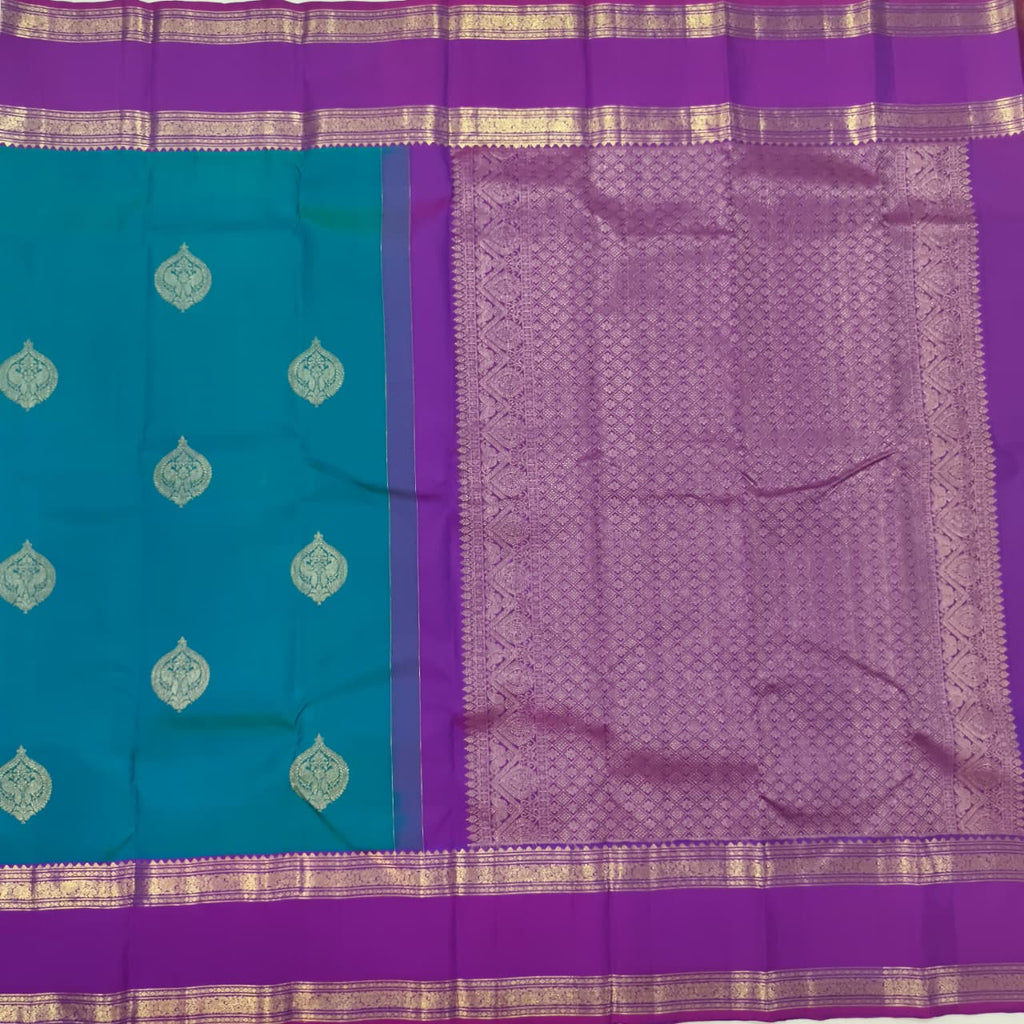 Pure Kanchipuram Silk Saree – Peacock Blue and Magenta Pink