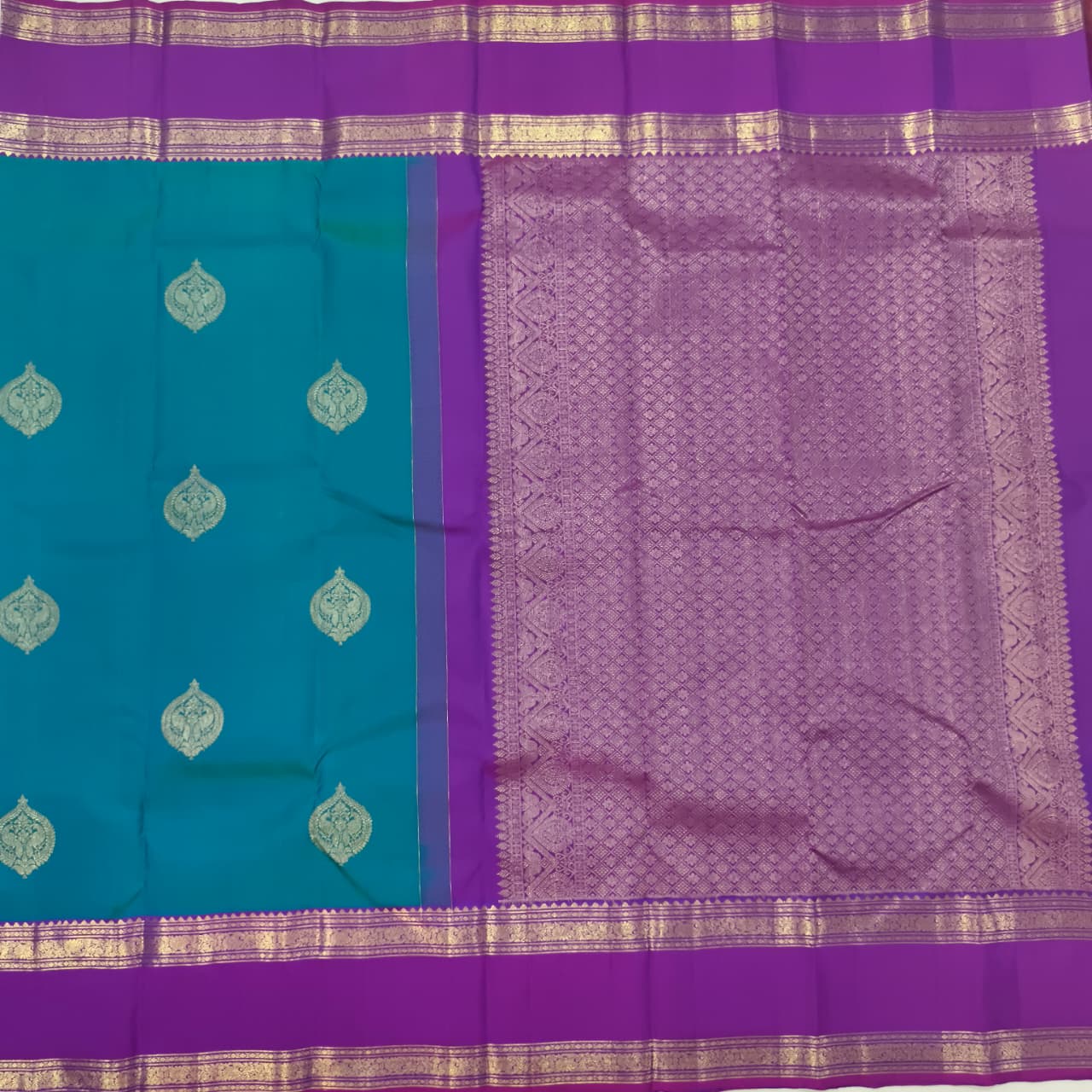 Pure Kanchipuram Silk Saree – Peacock Blue and Magenta Pink