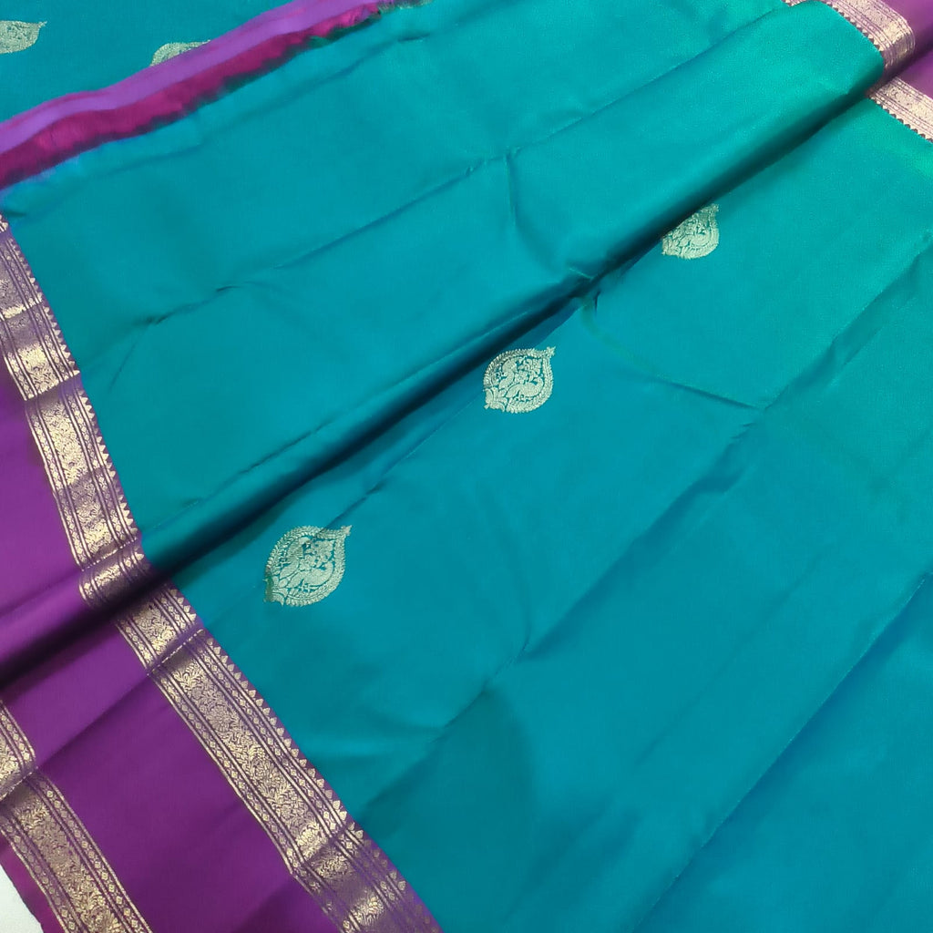 Pure Kanchipuram Silk Saree – Peacock Blue and Magenta Pink