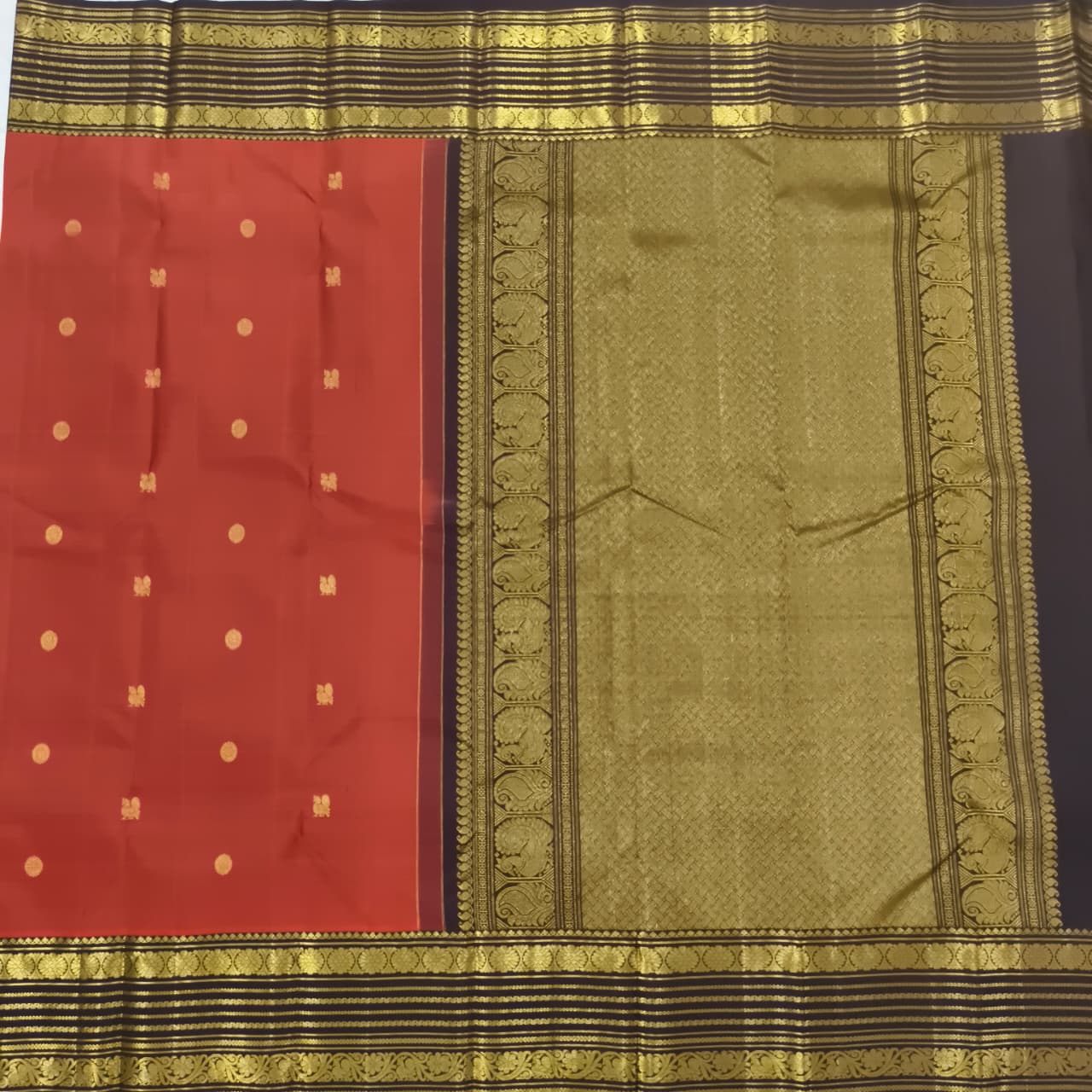 Pure Kanchipuram Silk Saree – Rust Orange and  Deep Chocolate