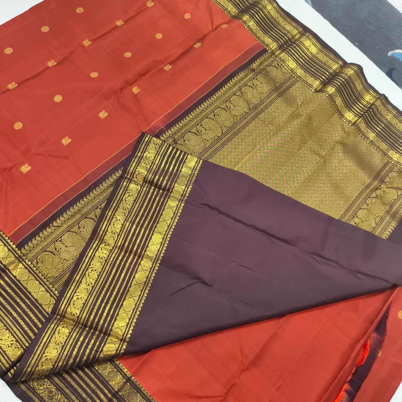 Pure Kanchipuram Silk Saree – Rust Orange and  Deep Chocolate