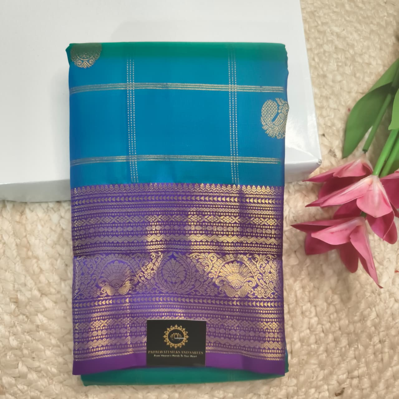 Pure Kanchipuram Silk Saree – Peacock Blue and Purple, Checks