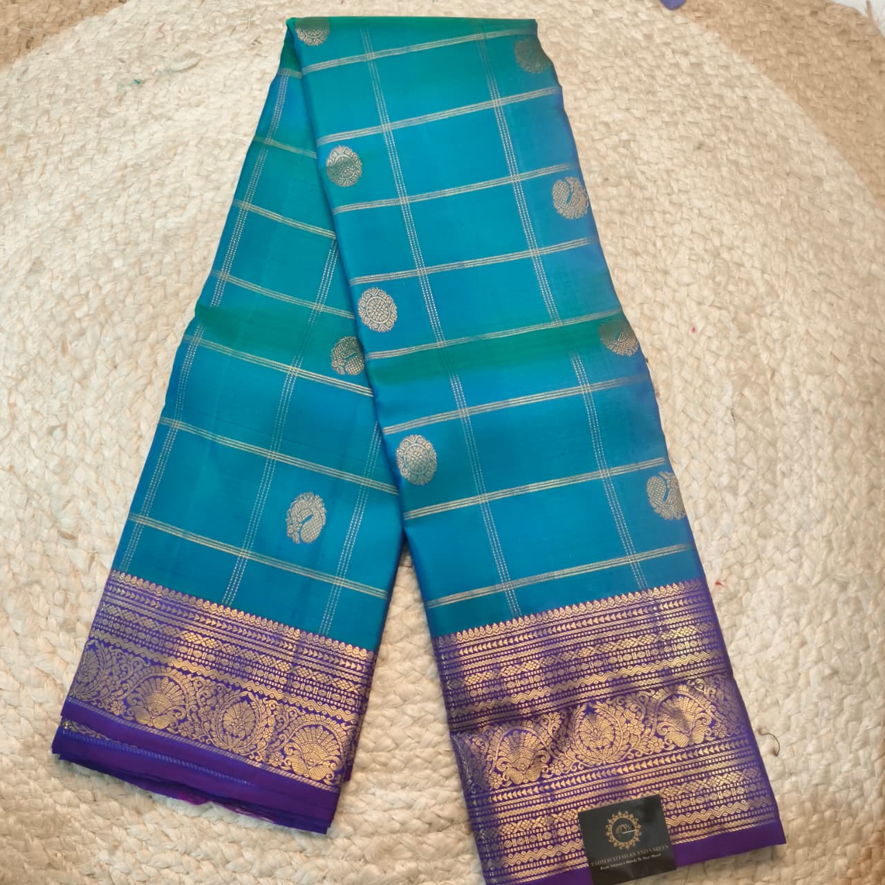 Pure Kanchipuram Silk Saree – Peacock Blue and Purple, Checks