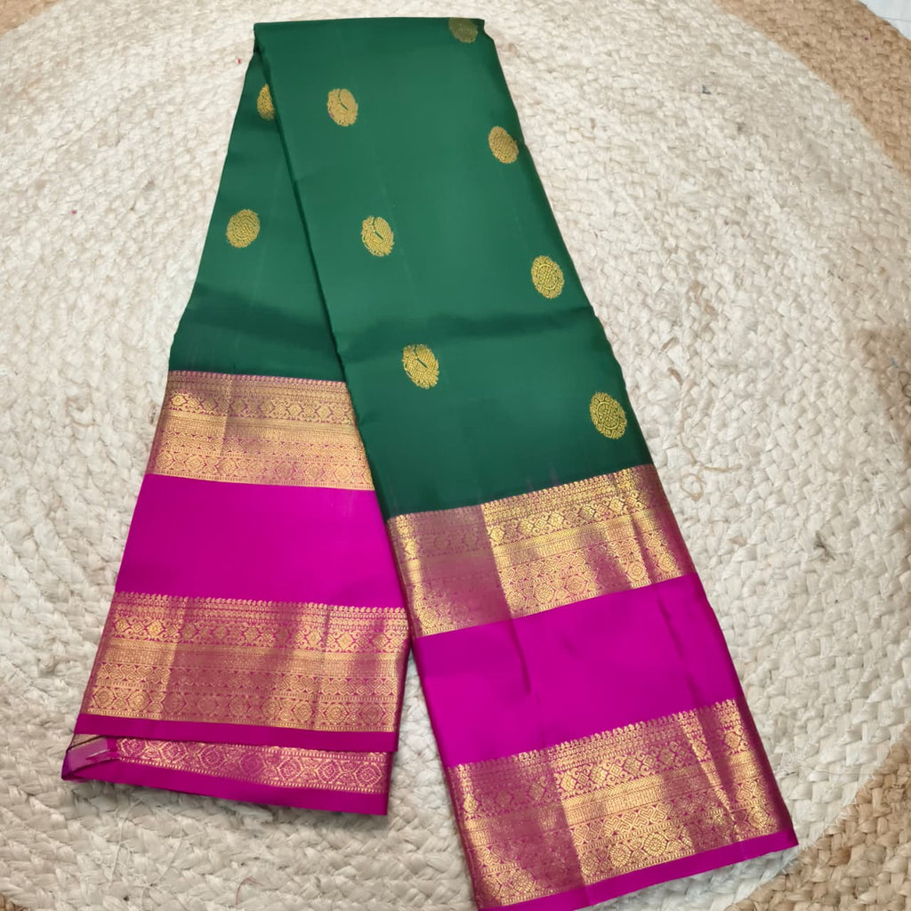 Pure Kanchipuram Silk Saree –Bottle Green and Rani Pink