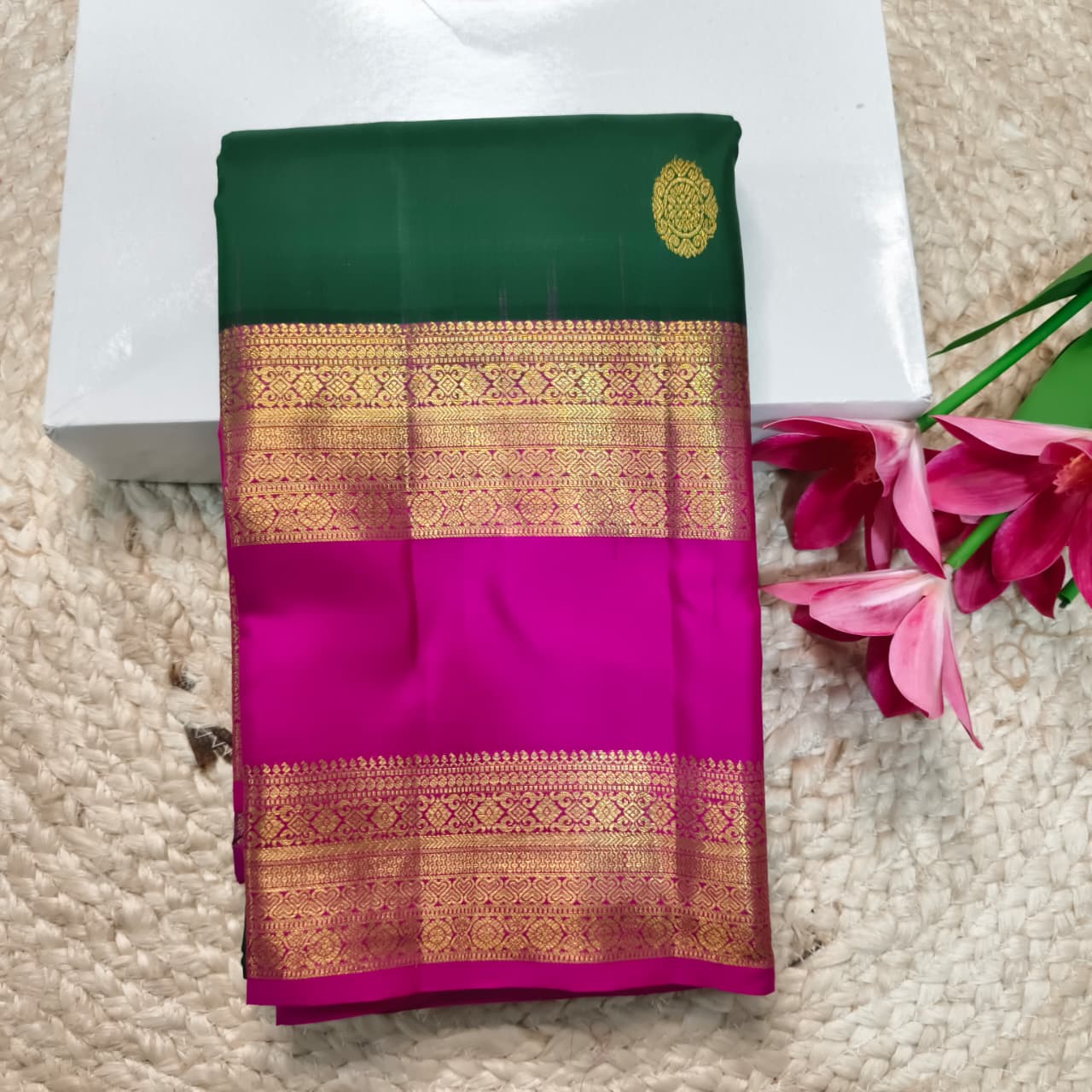 Pure Kanchipuram Silk Saree –Bottle Green and Rani Pink