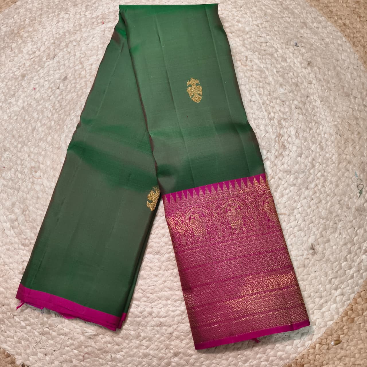 Pure Kanchipuram Silk Saree –Bottle Green and Magenta