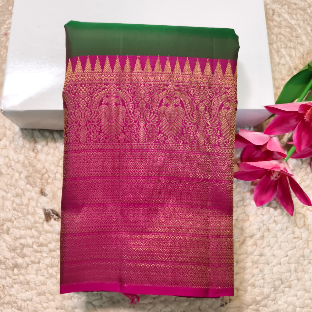 Pure Kanchipuram Silk Saree –Bottle Green and Magenta