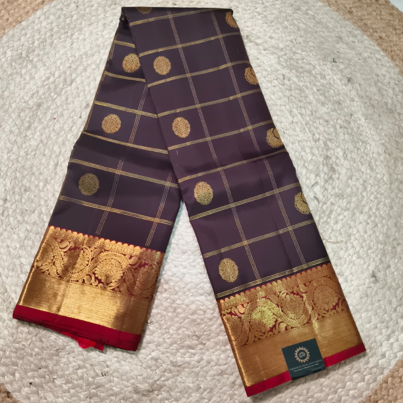 Pure Kanchipuram Silk Saree –Dark Chocolate Brown and Maroon Checks