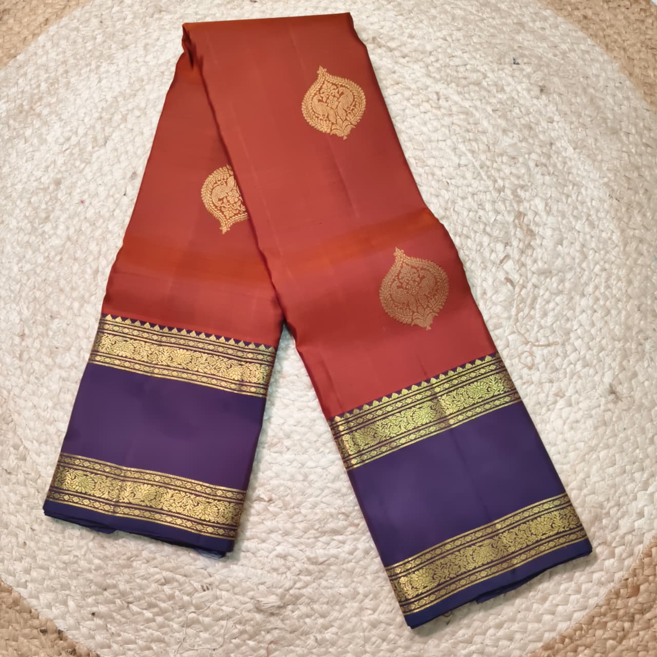 Pure Kanchipuram Silk Saree – Rust Orange and Navy Blue with Bentex