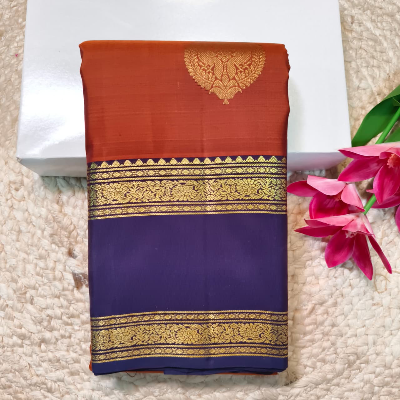 Pure Kanchipuram Silk Saree – Rust Orange and Navy Blue with Bentex