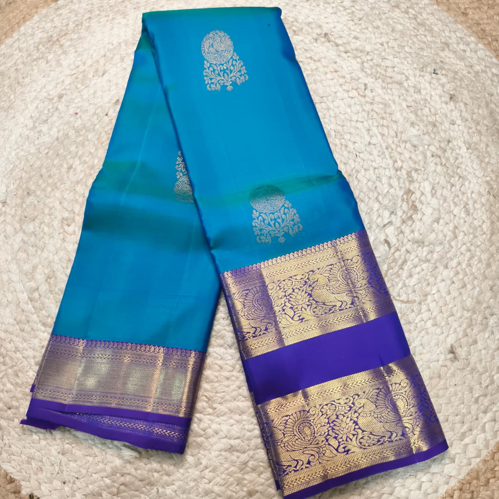 Pure Kanchipuram Silk Saree – Peacock Blue and Purple