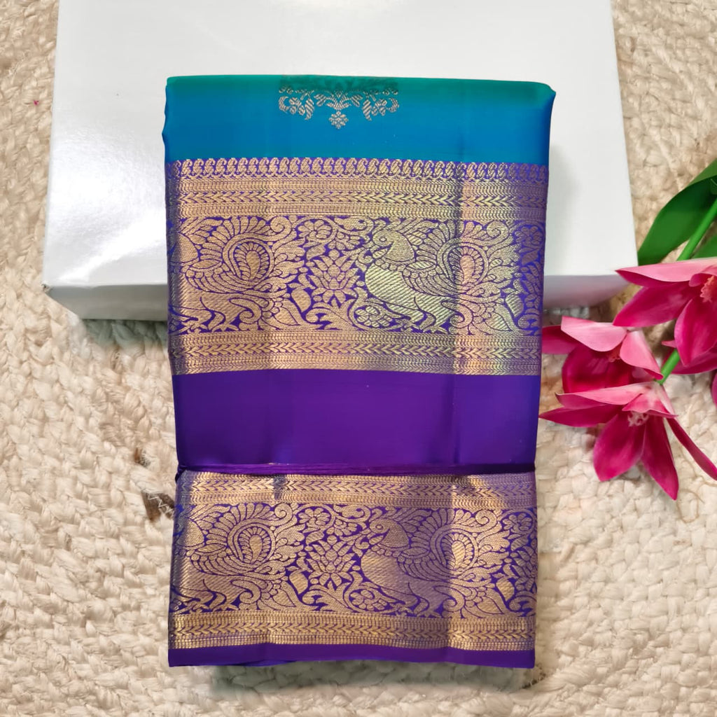 Pure Kanchipuram Silk Saree – Peacock Blue and Purple