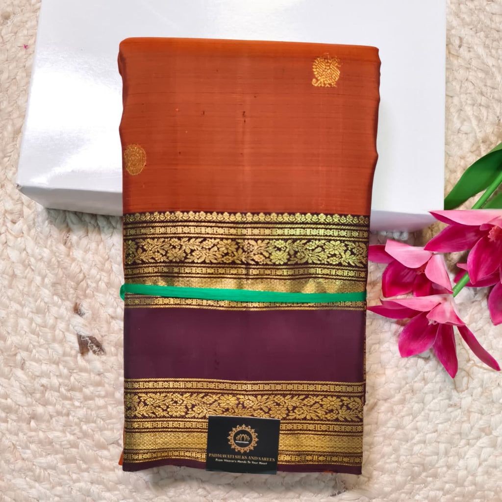 Pure Kanchipuram Silk Saree – Rust Orange and Deep Chocolate