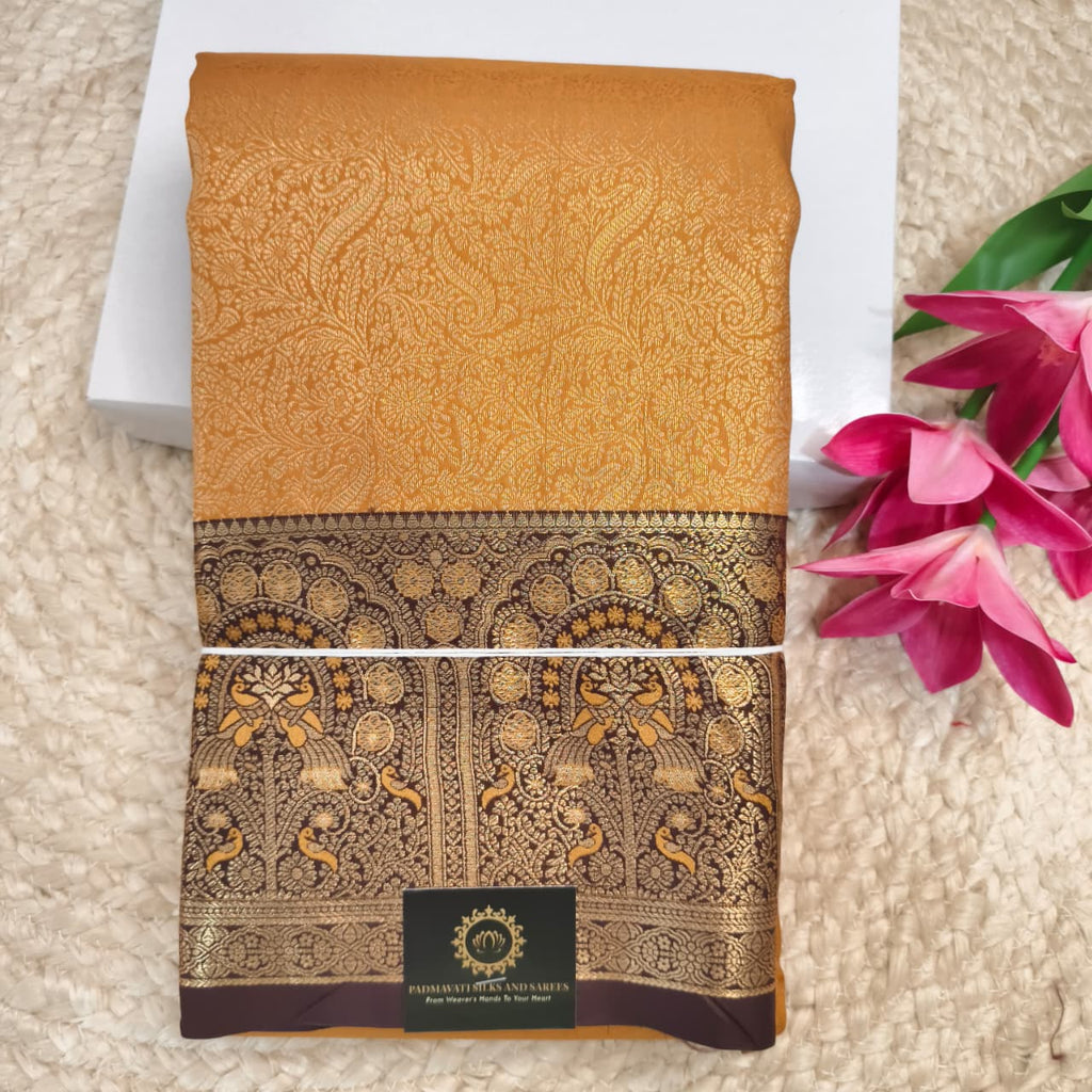 Semi Kanchipuram Brocade Silk Saree- Mustard Yellow with Coffee Brown Contrast
