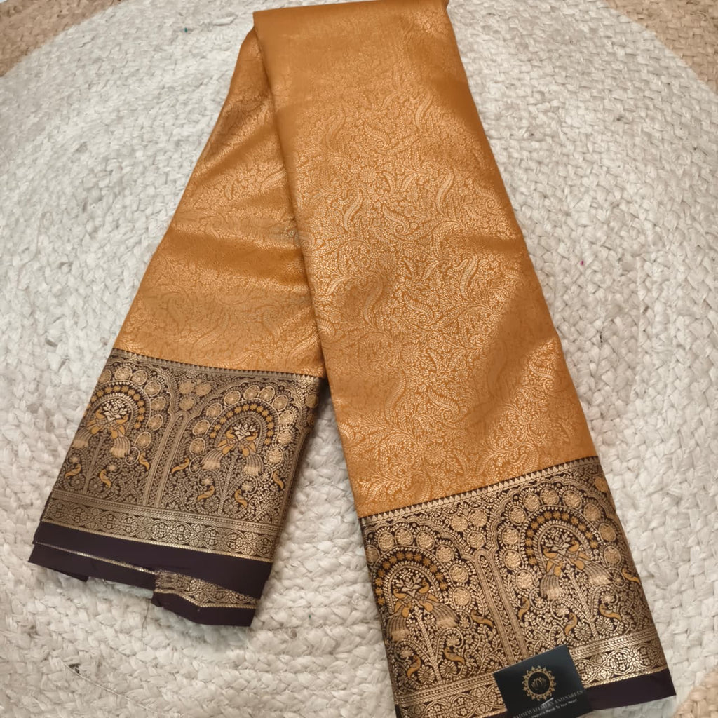 Semi Kanchipuram Brocade Silk Saree- Mustard Yellow with Coffee Brown Contrast