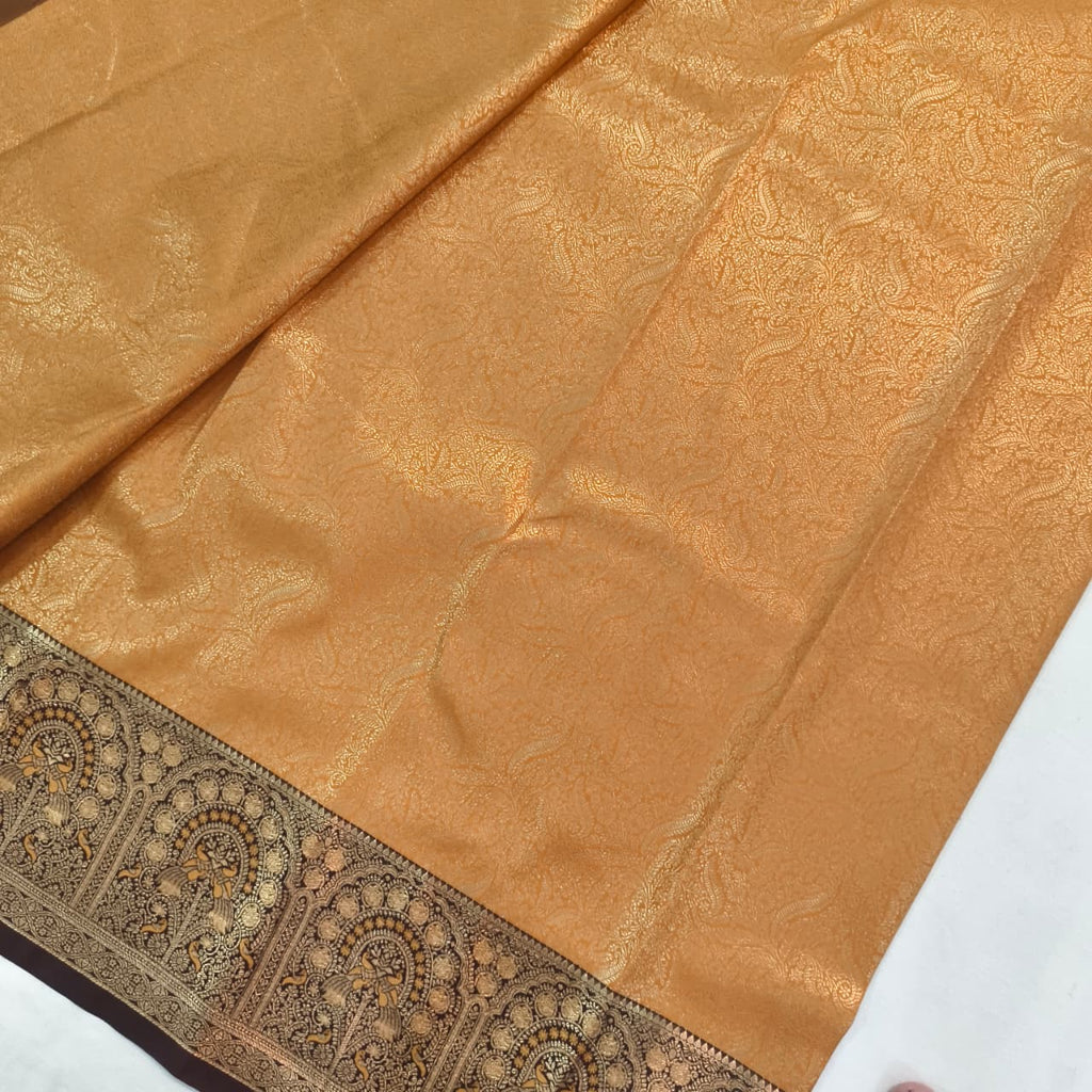 Semi Kanchipuram Brocade Silk Saree- Mustard Yellow with Coffee Brown Contrast