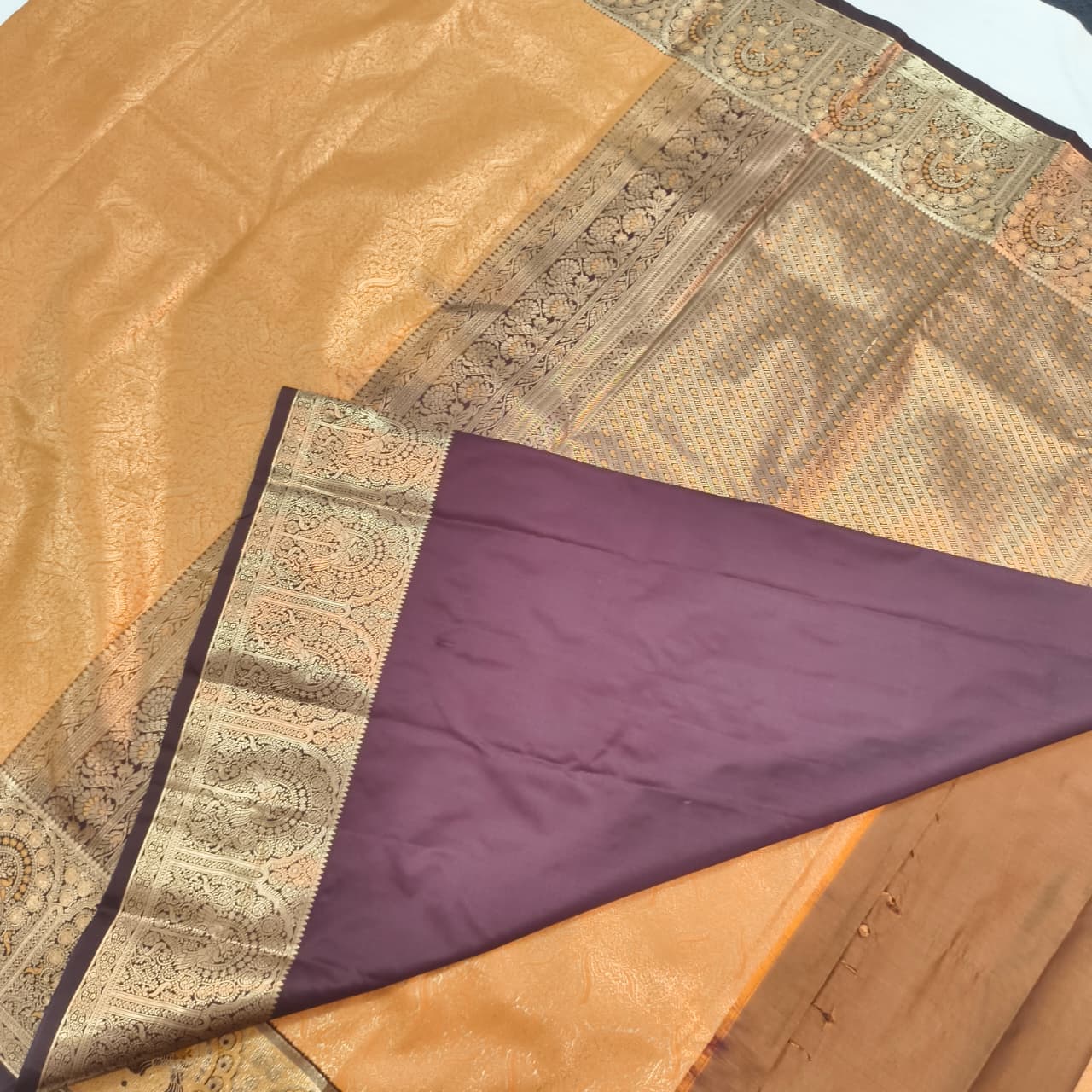Semi Kanchipuram Brocade Silk Saree- Mustard Yellow with Coffee Brown Contrast
