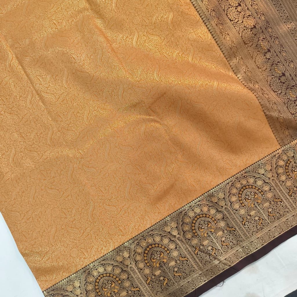 Semi Kanchipuram Brocade Silk Saree- Mustard Yellow with Coffee Brown Contrast