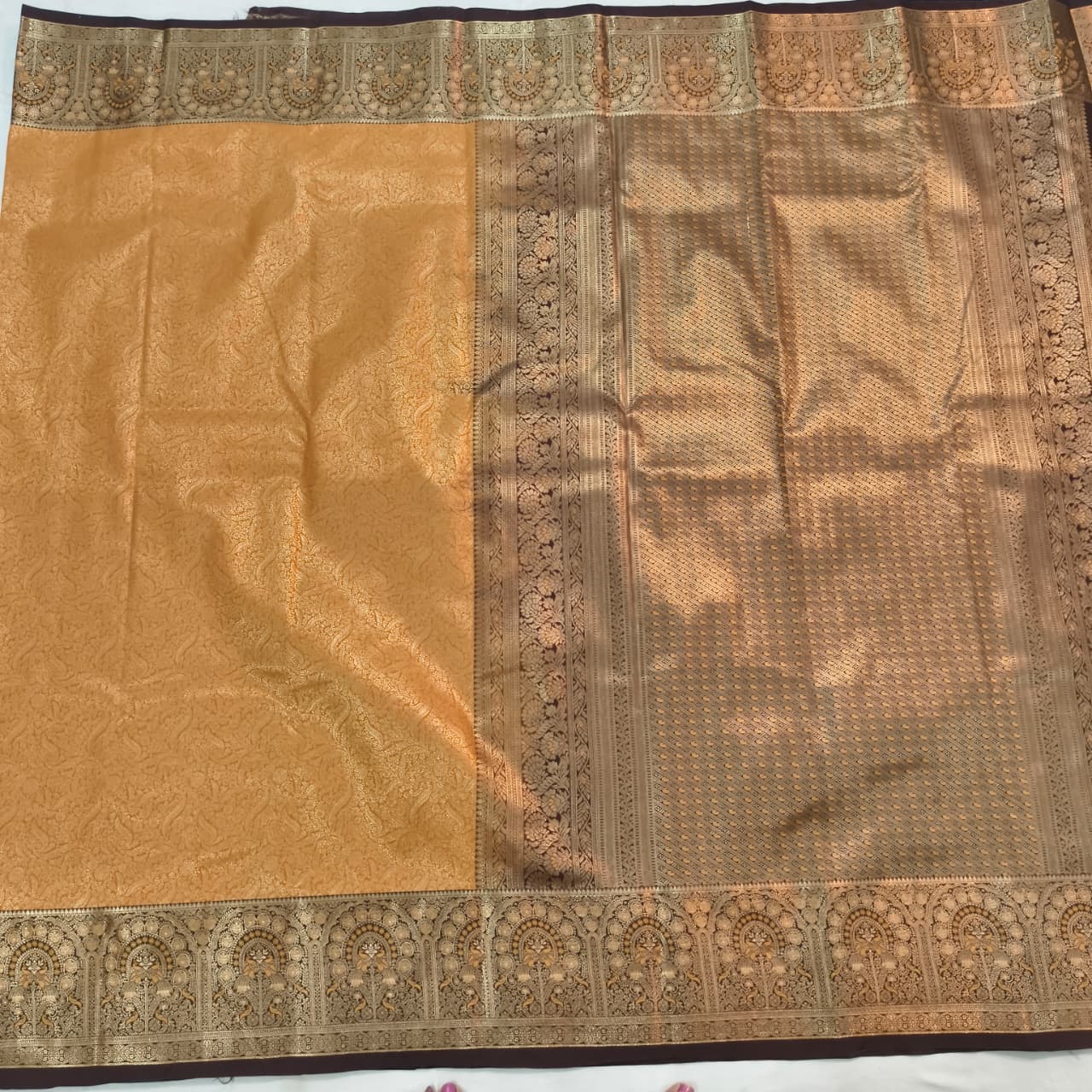 Semi Kanchipuram Brocade Silk Saree- Mustard Yellow with Coffee Brown Contrast