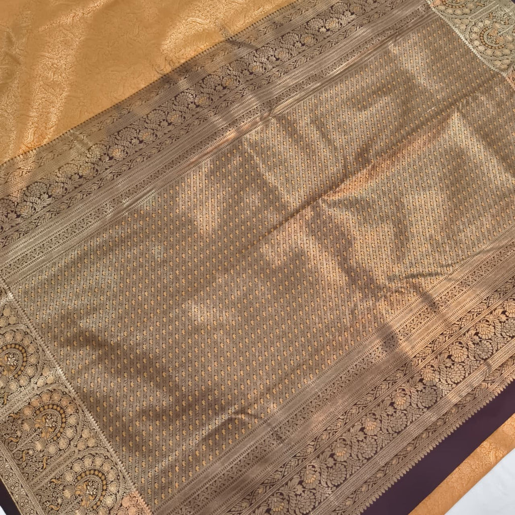 Semi Kanchipuram Brocade Silk Saree- Mustard Yellow with Coffee Brown Contrast