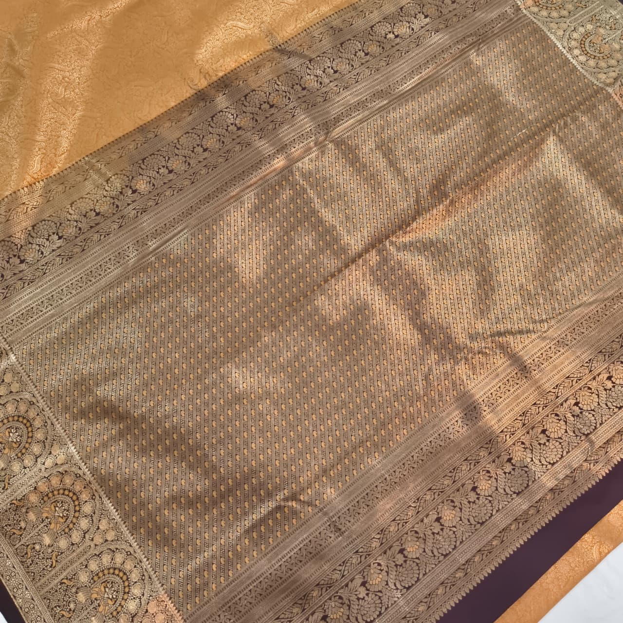 Semi Kanchipuram Brocade Silk Saree- Mustard Yellow with Coffee Brown Contrast