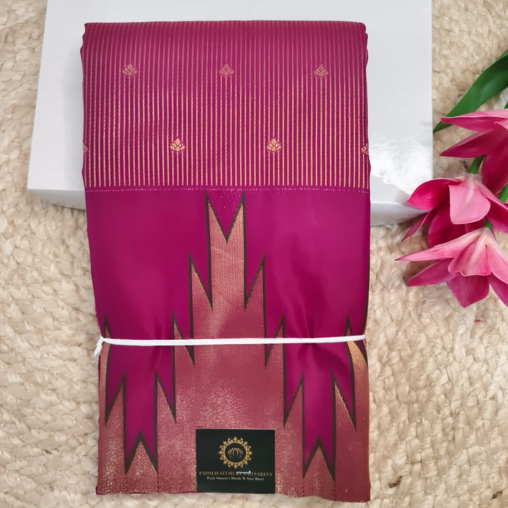 Semi Kanchipuram Brocade Silk Saree- Deep Magenta with Temple Border