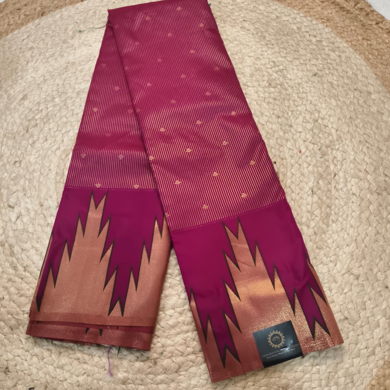 Semi Kanchipuram Brocade Silk Saree- Deep Magenta with Temple Border