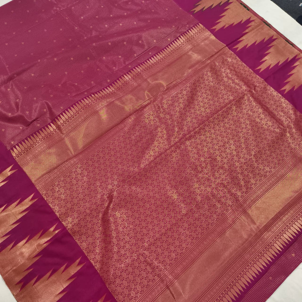 Semi Kanchipuram Brocade Silk Saree- Deep Magenta with Temple Border