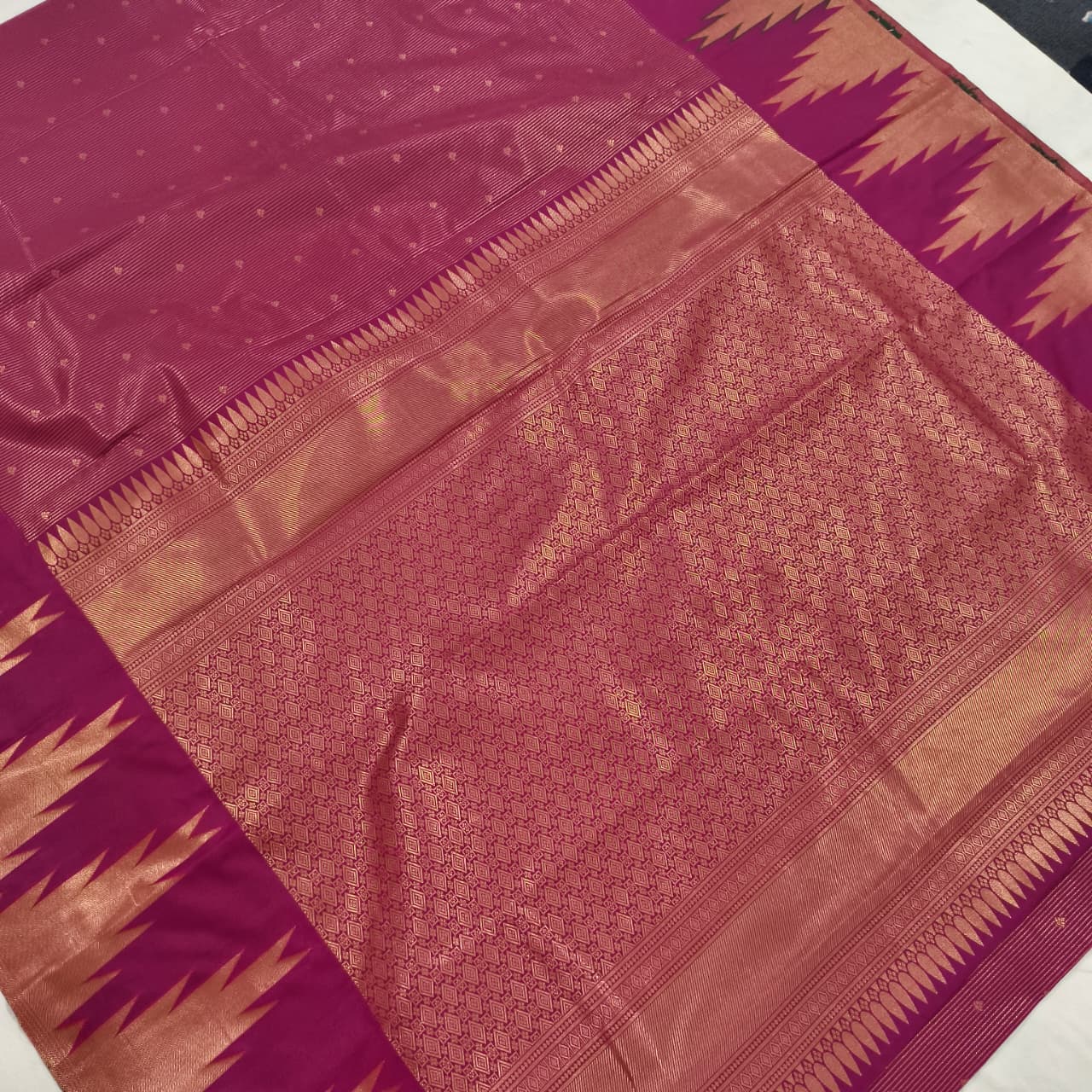 Semi Kanchipuram Brocade Silk Saree- Deep Magenta with Temple Border