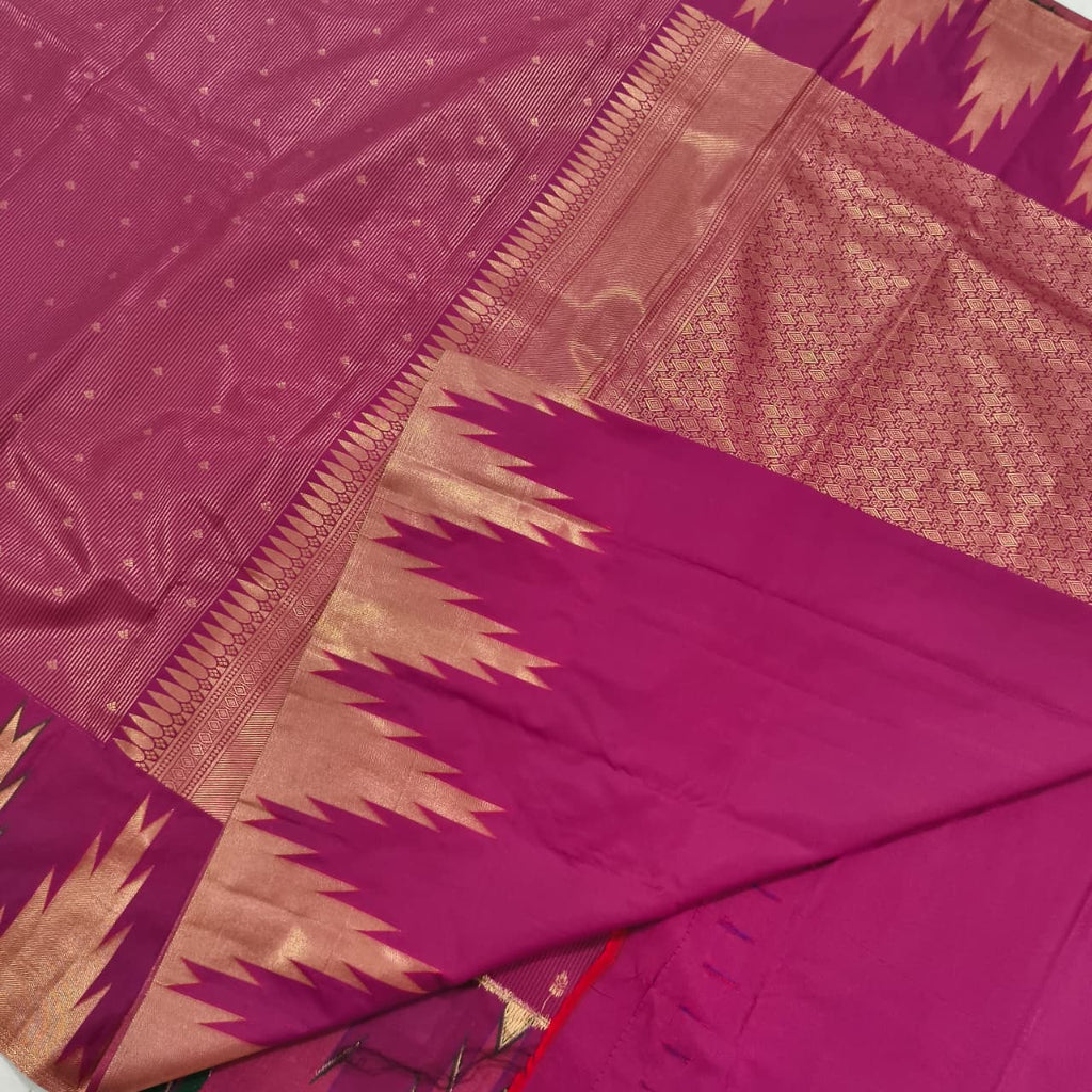 Semi Kanchipuram Brocade Silk Saree- Deep Magenta with Temple Border