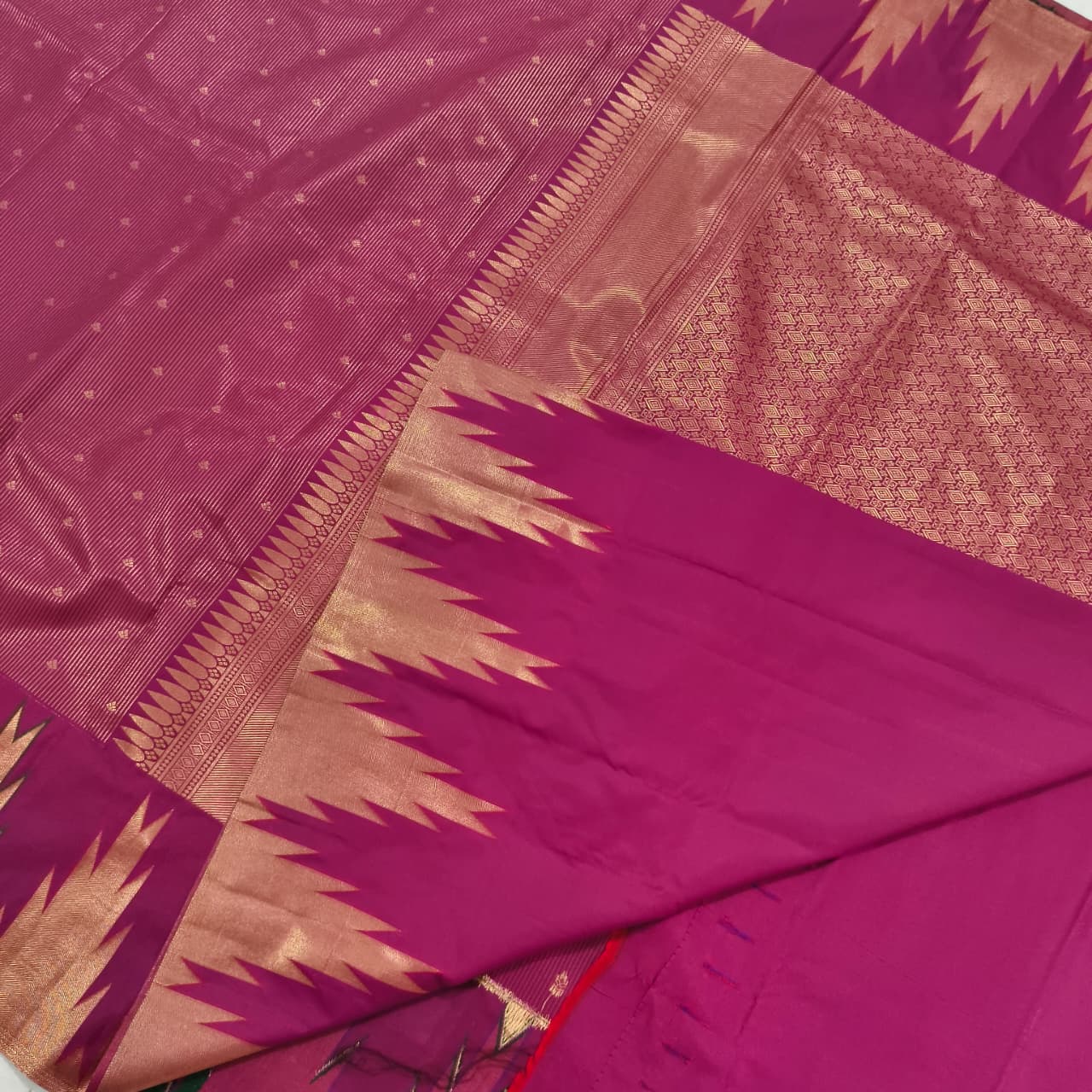 Semi Kanchipuram Brocade Silk Saree- Deep Magenta with Temple Border