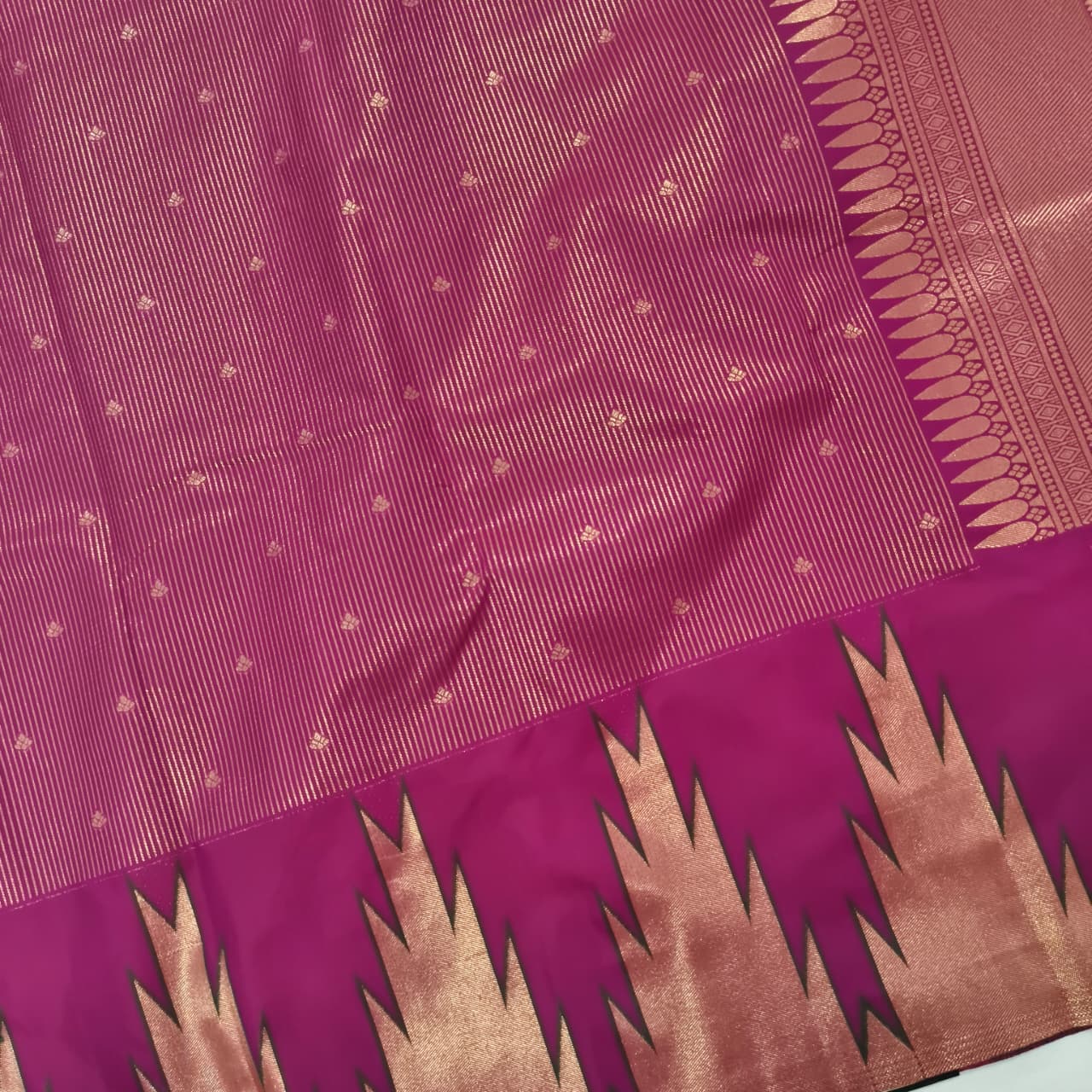 Semi Kanchipuram Brocade Silk Saree- Deep Magenta with Temple Border