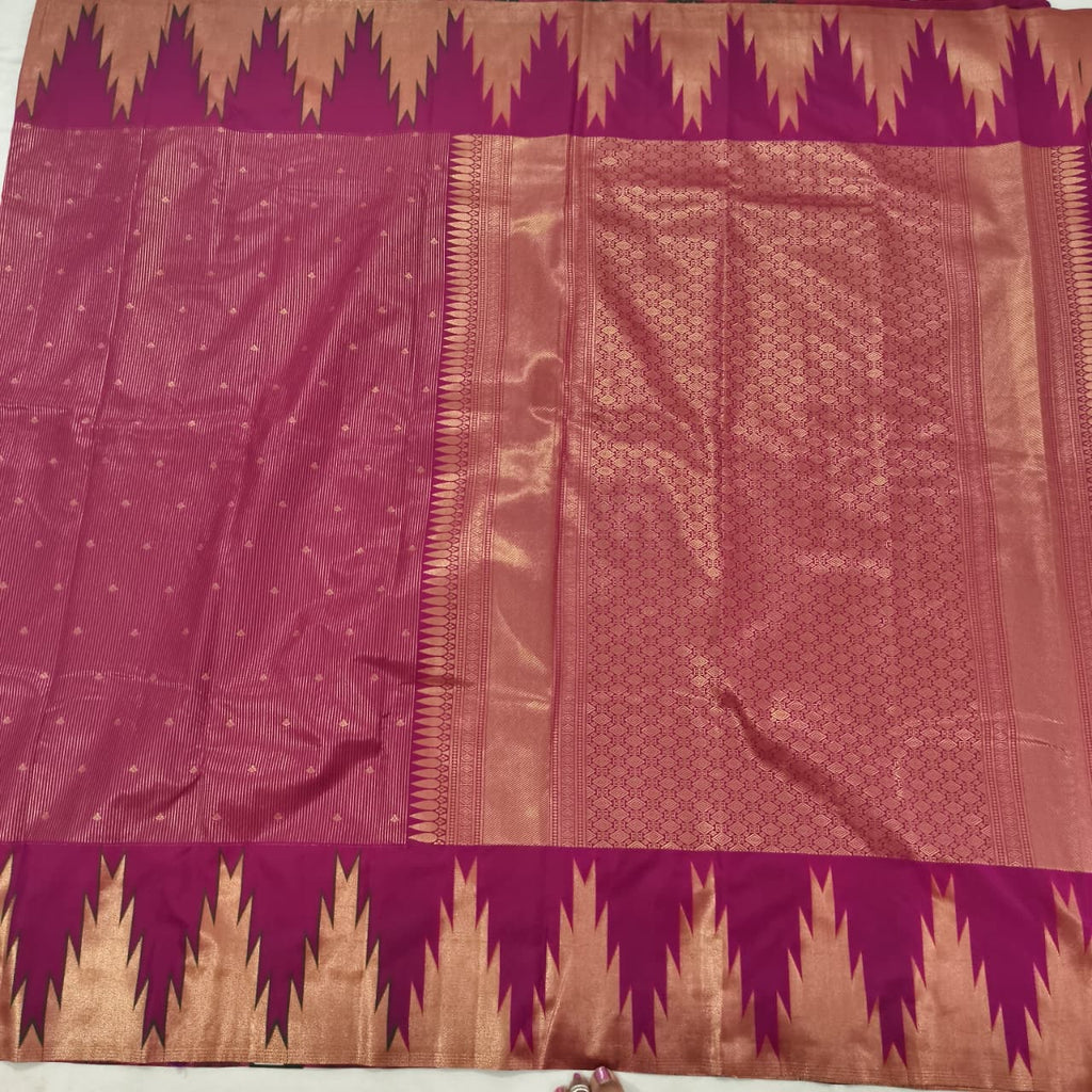 Semi Kanchipuram Brocade Silk Saree- Deep Magenta with Temple Border