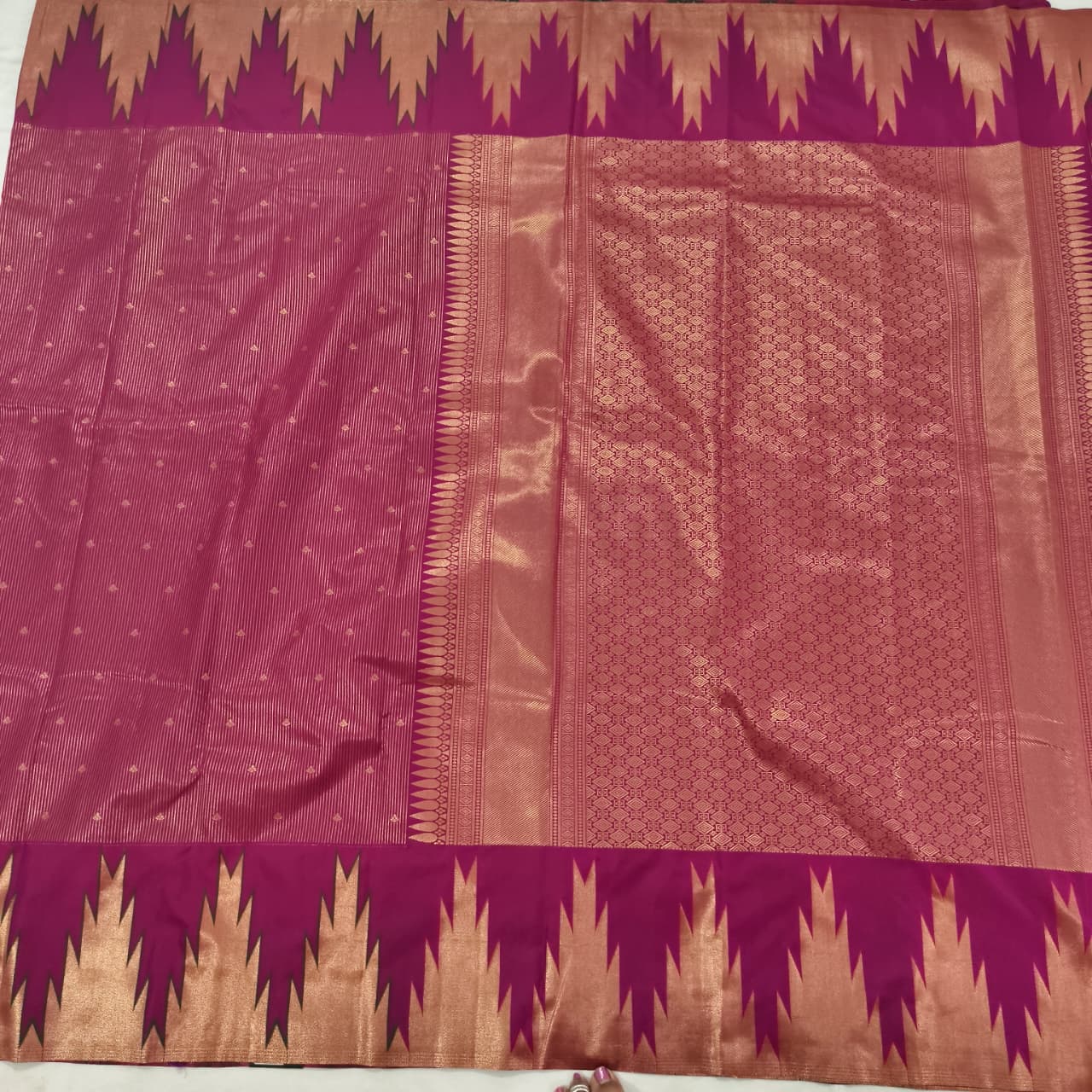 Semi Kanchipuram Brocade Silk Saree- Deep Magenta with Temple Border