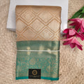 Semi Kanchipuram Brocade Tissue Silk Saree- Ivory Gold with Teal Green Contrast