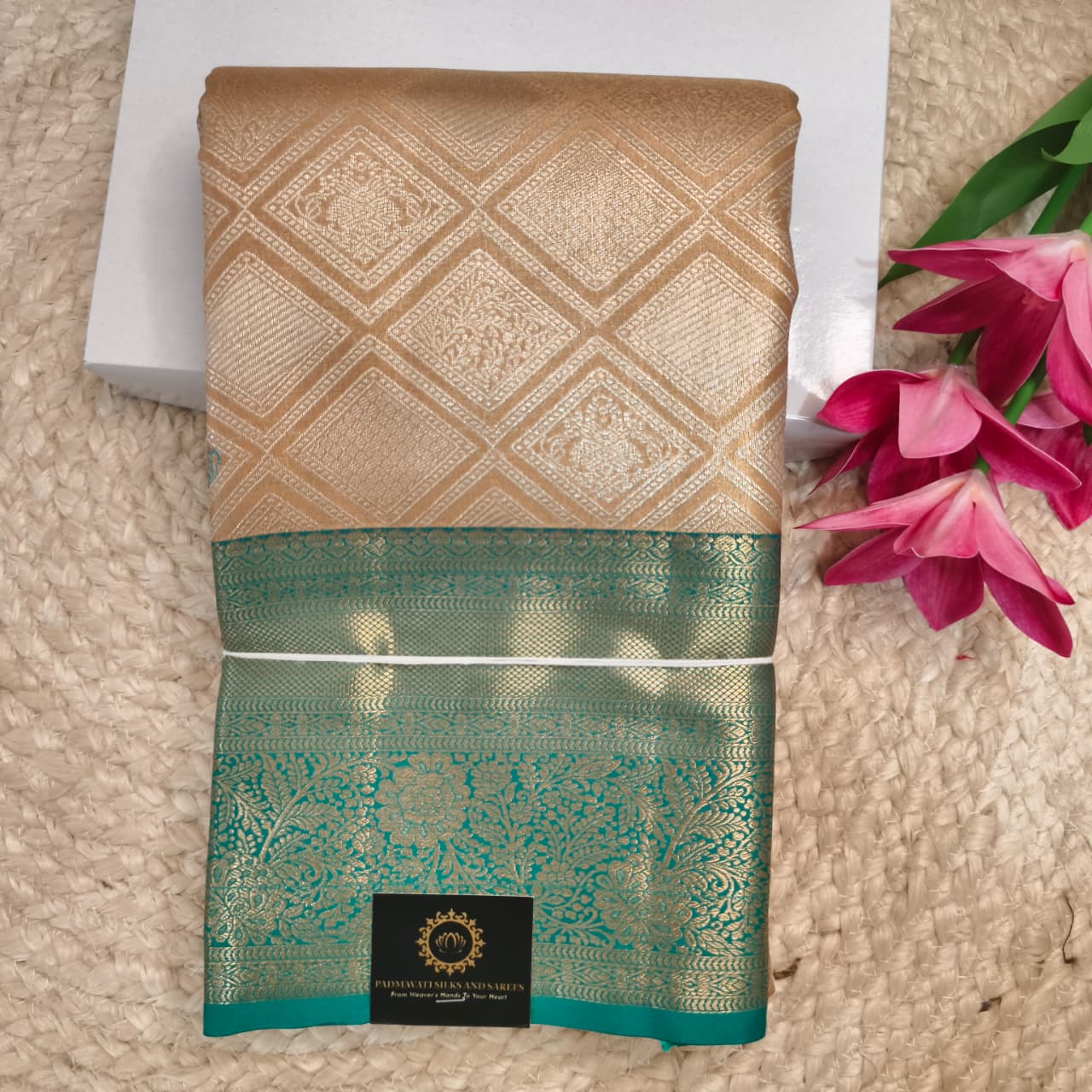 Semi Kanchipuram Brocade Tissue Silk Saree- Ivory Gold with Teal Green Contrast