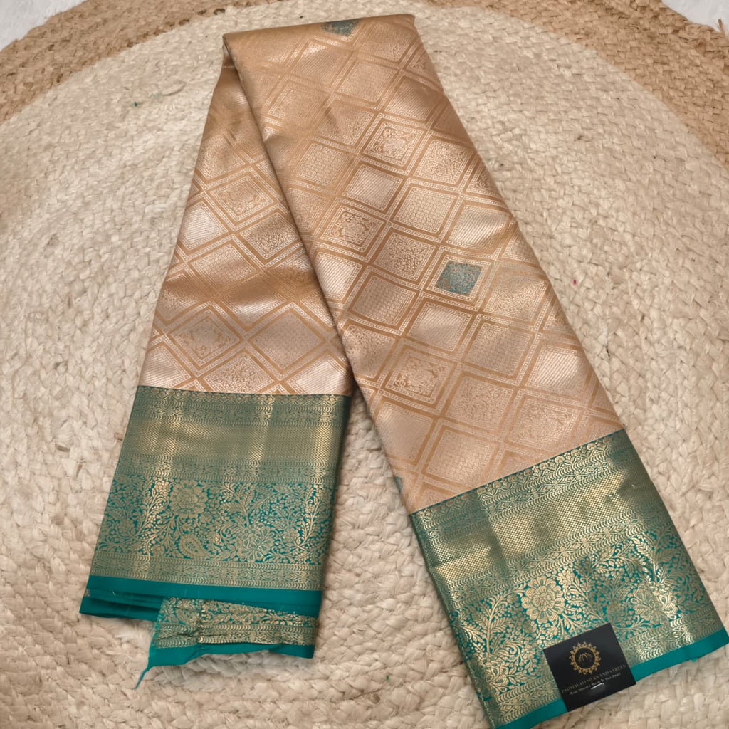 Semi Kanchipuram Brocade Tissue Silk Saree- Ivory Gold with Teal Green Contrast