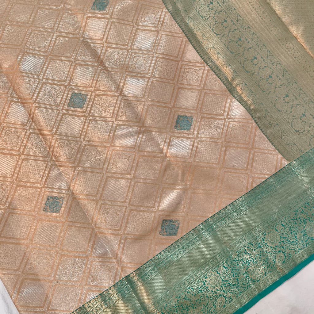 Semi Kanchipuram Brocade Tissue Silk Saree- Ivory Gold with Teal Green Contrast
