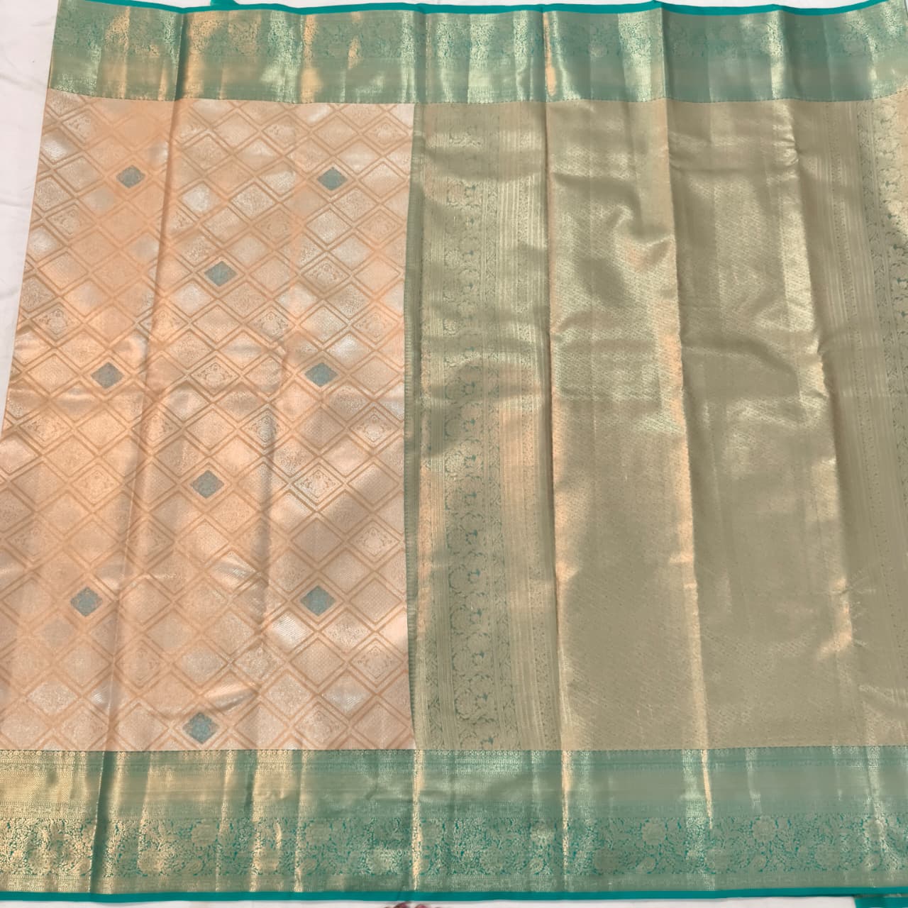 Semi Kanchipuram Brocade Tissue Silk Saree- Ivory Gold with Teal Green Contrast