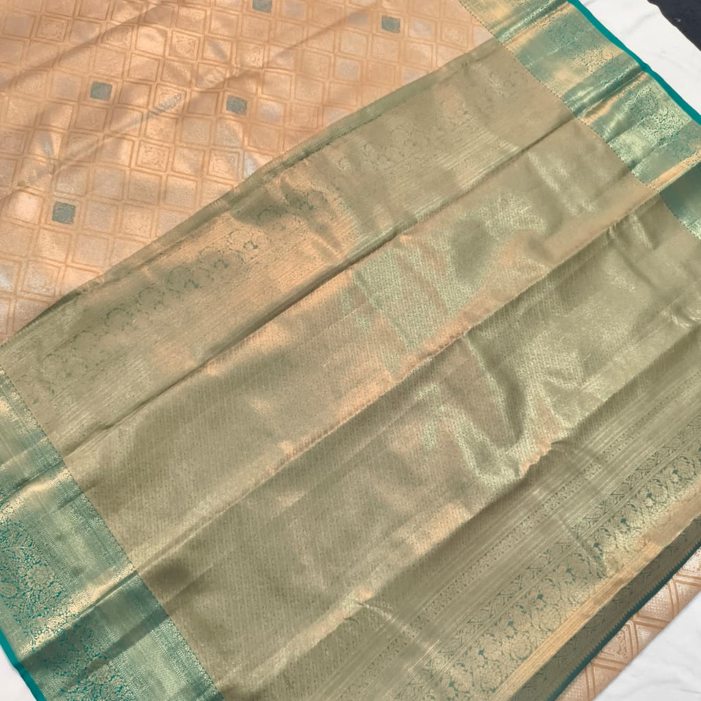 Semi Kanchipuram Brocade Tissue Silk Saree- Ivory Gold with Teal Green Contrast
